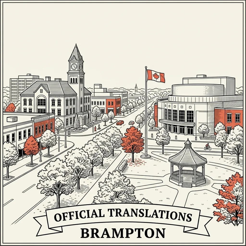 Engraved Brampton city illustration &ndash; Official Translations certified translation, accepted by IRCC, from $39.95 per page