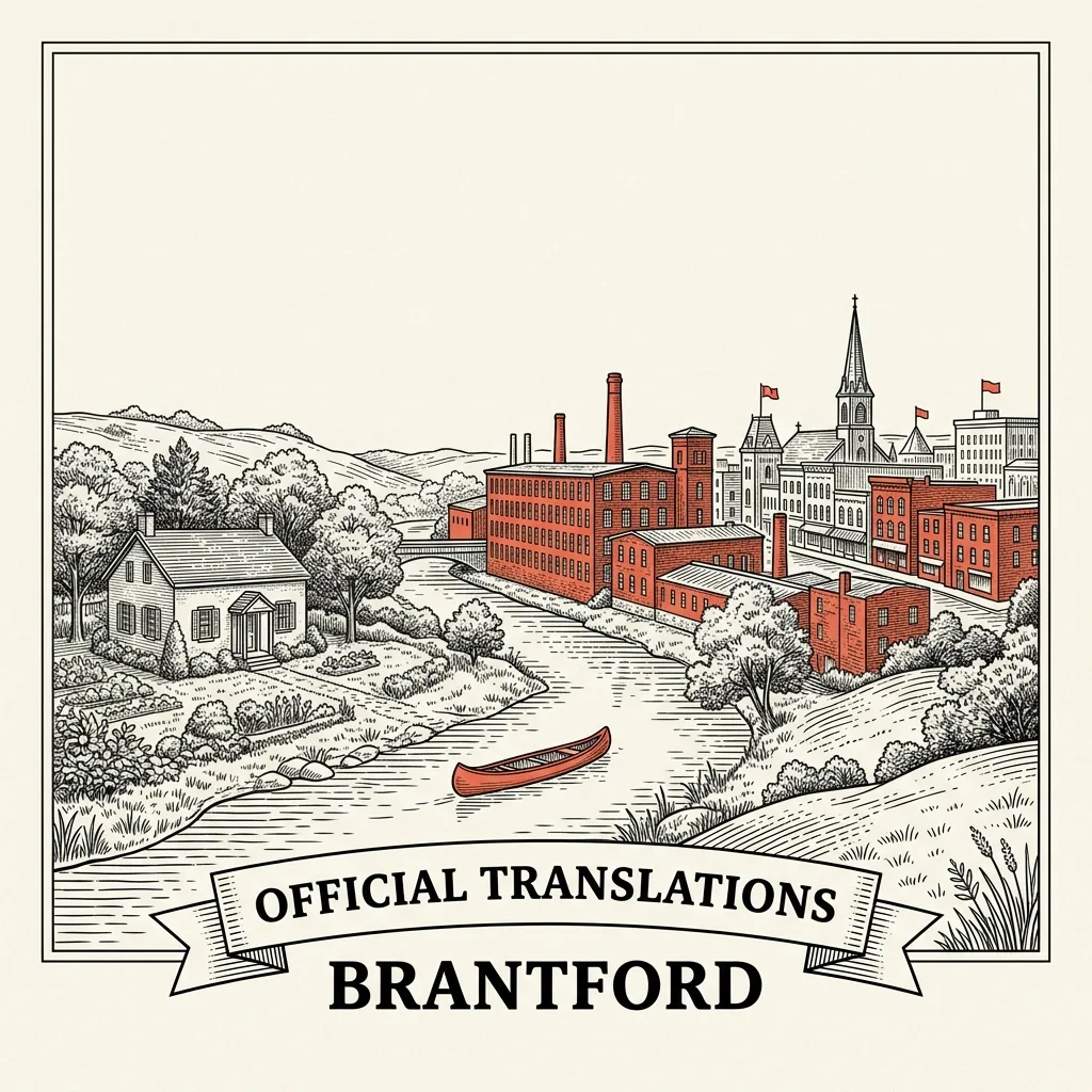 Engraved Brantford city illustration &ndash; Official Translations certified translation, accepted by IRCC, from $39.95 per page