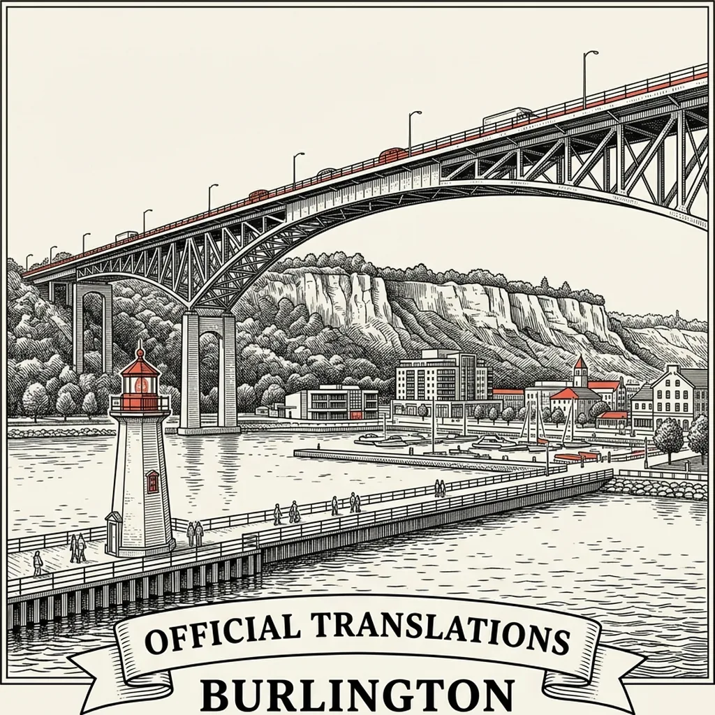 Engraved Burlington city illustration &ndash; Official Translations certified translation, accepted by IRCC, from $39.95 per page