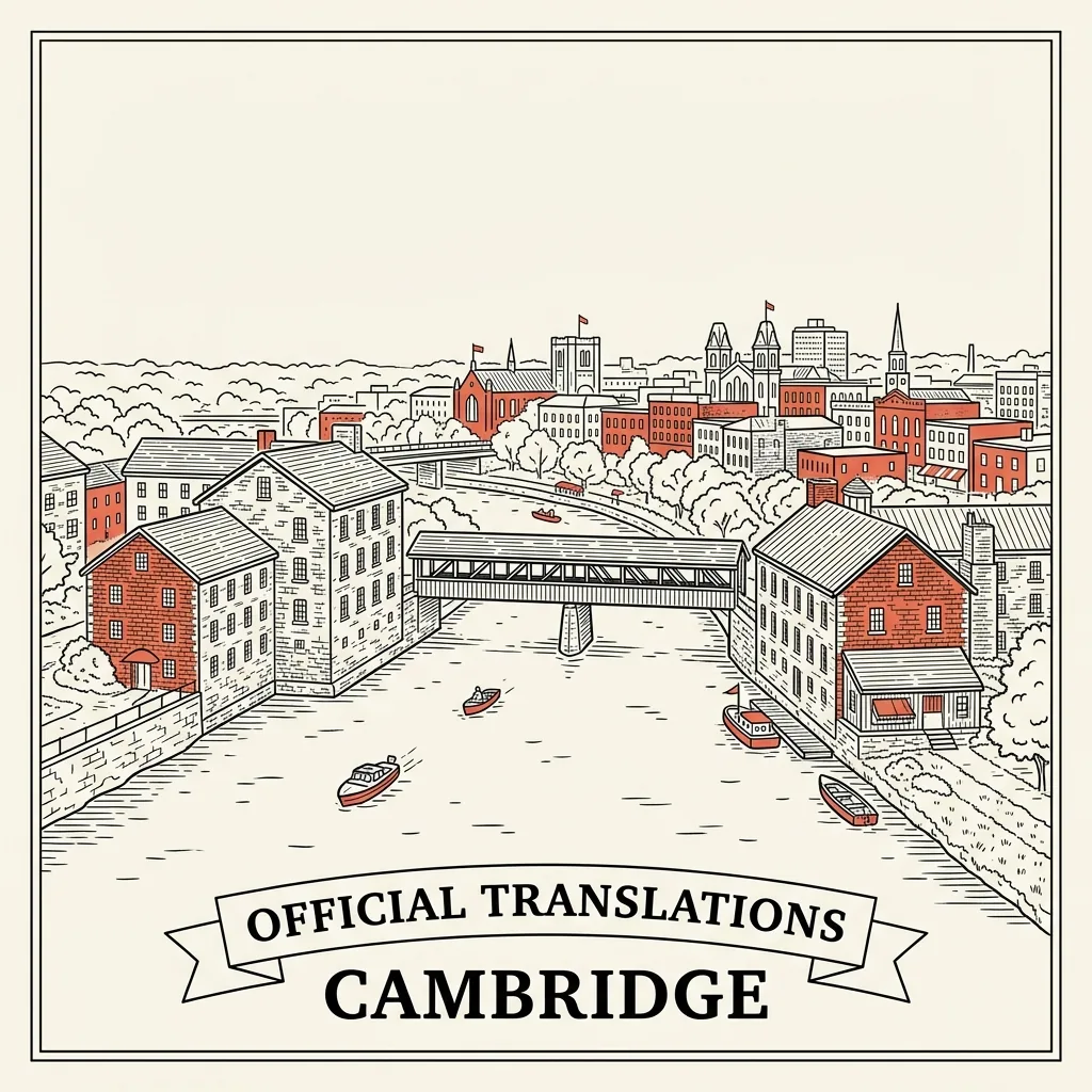 Engraved Cambridge city illustration &ndash; Official Translations certified translation, accepted by IRCC, from $39.95 per page