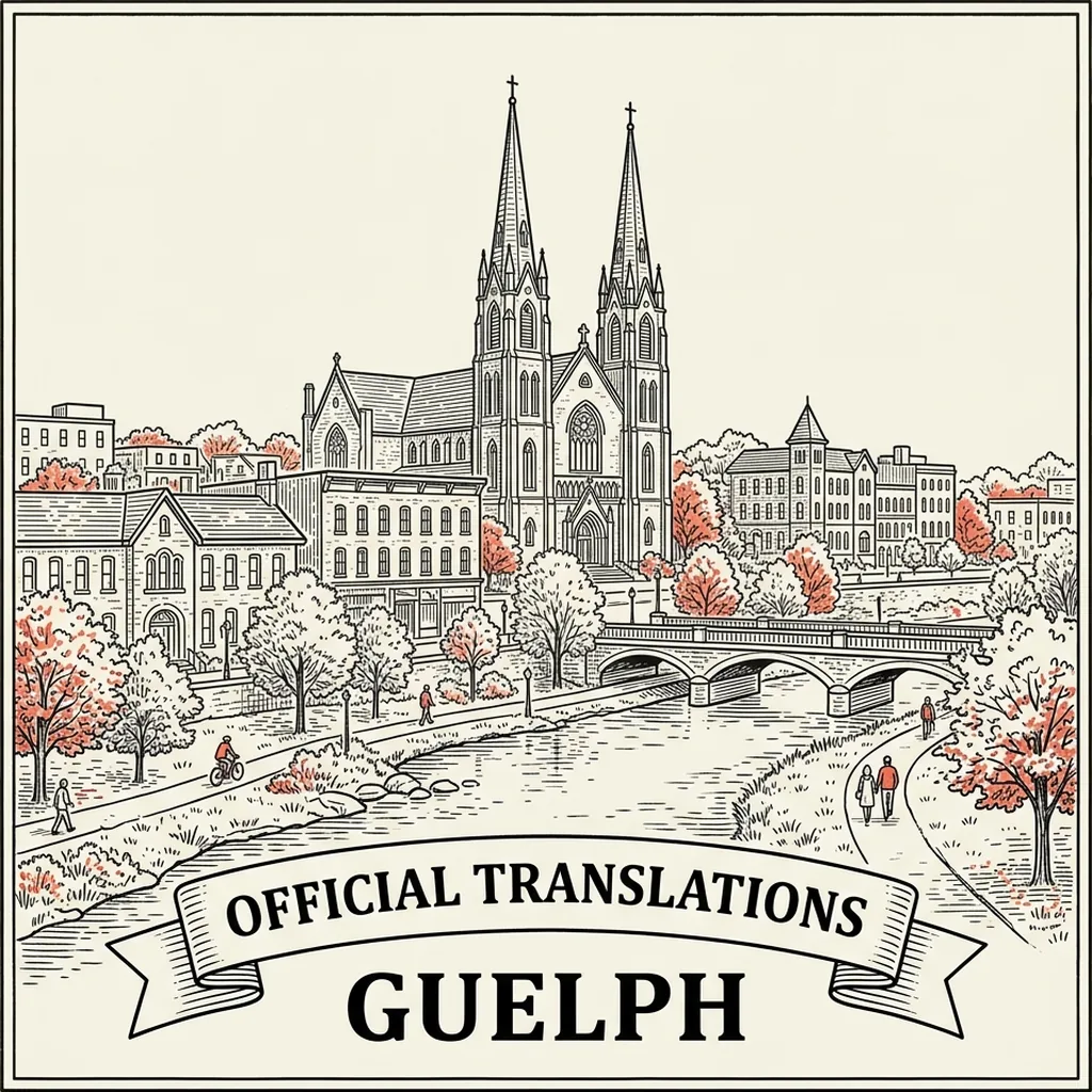 Engraved Guelph city illustration &ndash; Official Translations certified translation, accepted by IRCC, from $39.95 per page