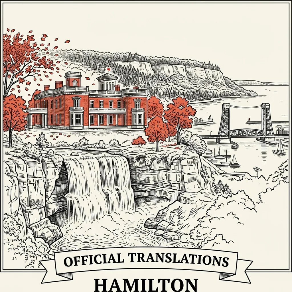 Engraved Hamilton city illustration &ndash; Official Translations certified translation, accepted by IRCC, from $39.95 per page