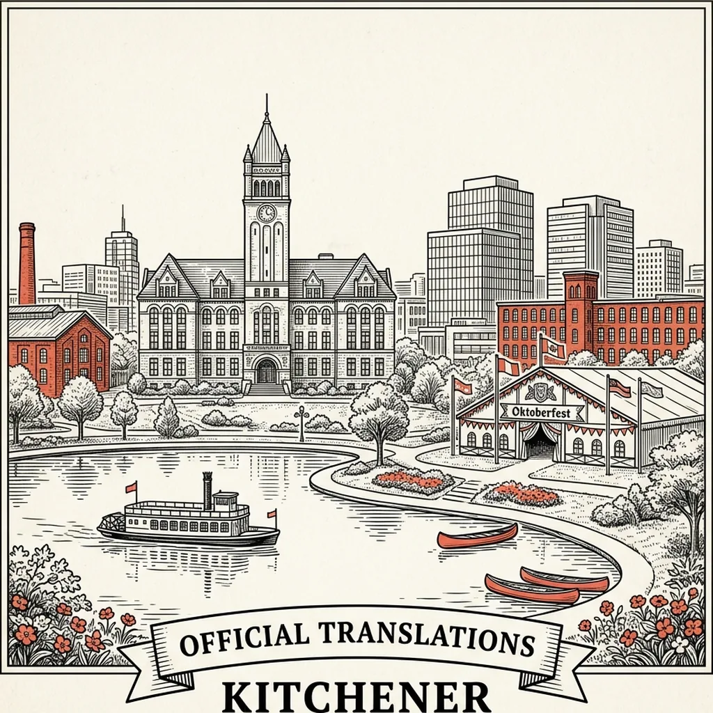 Engraved Kitchener city illustration &ndash; Official Translations certified translation, accepted by IRCC, from $39.95 per page