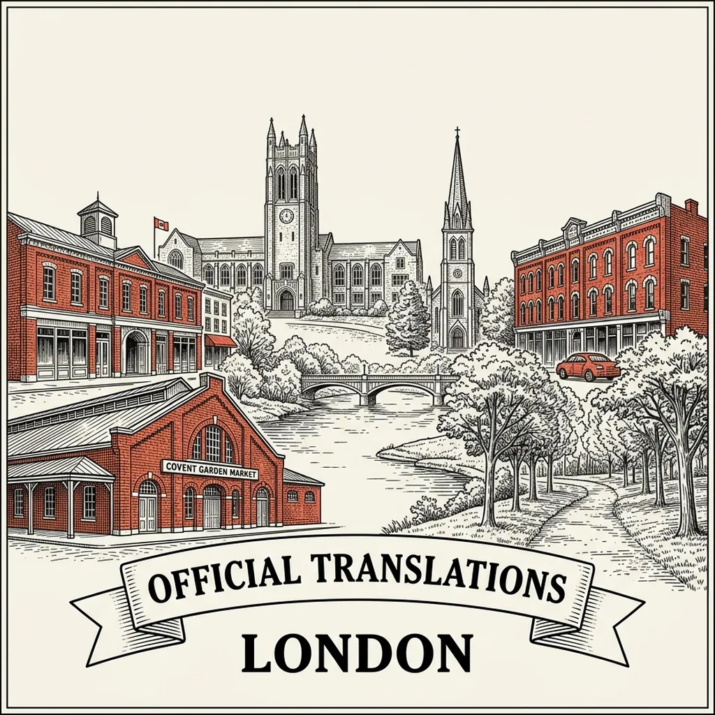 Engraved London city illustration &ndash; Official Translations certified translation, accepted by IRCC, from $39.95 per page