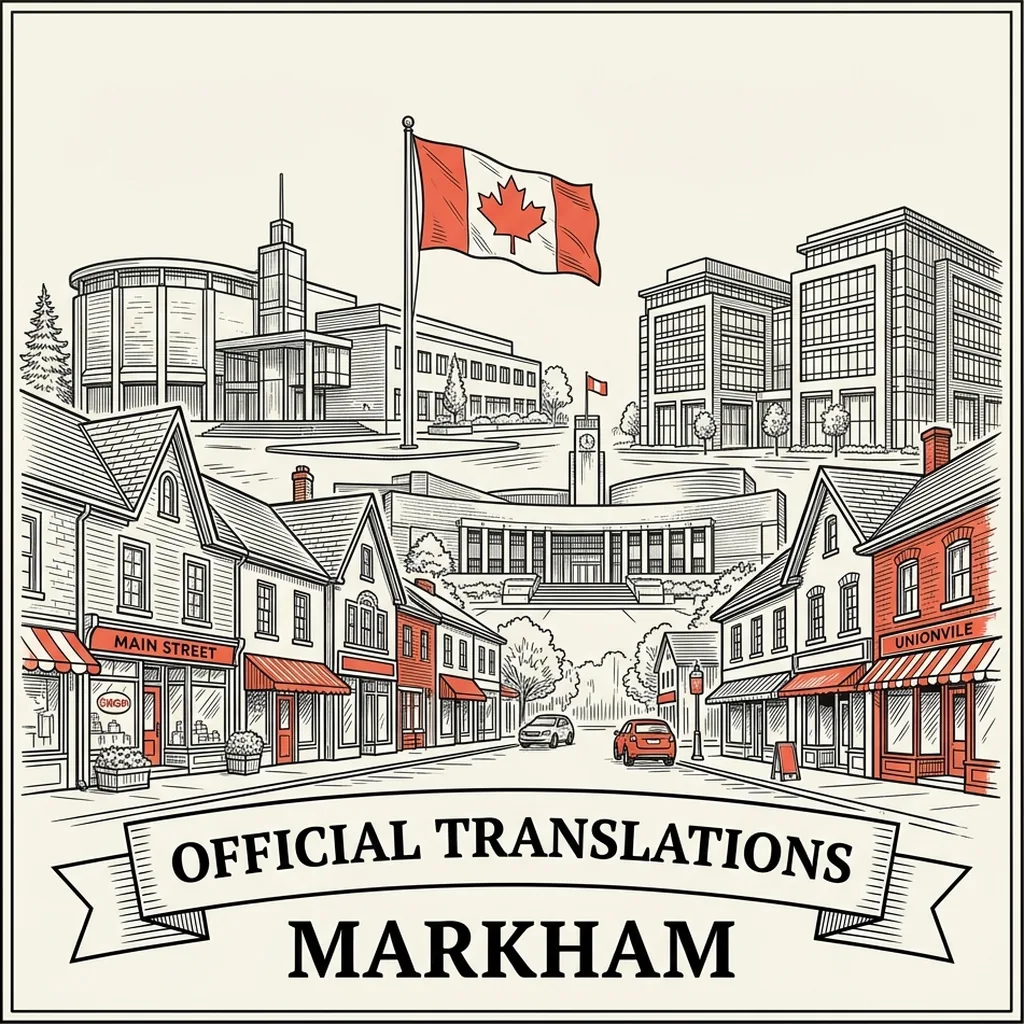 Engraved Markham city illustration &ndash; Official Translations certified translation, accepted by IRCC, from $39.95 per page