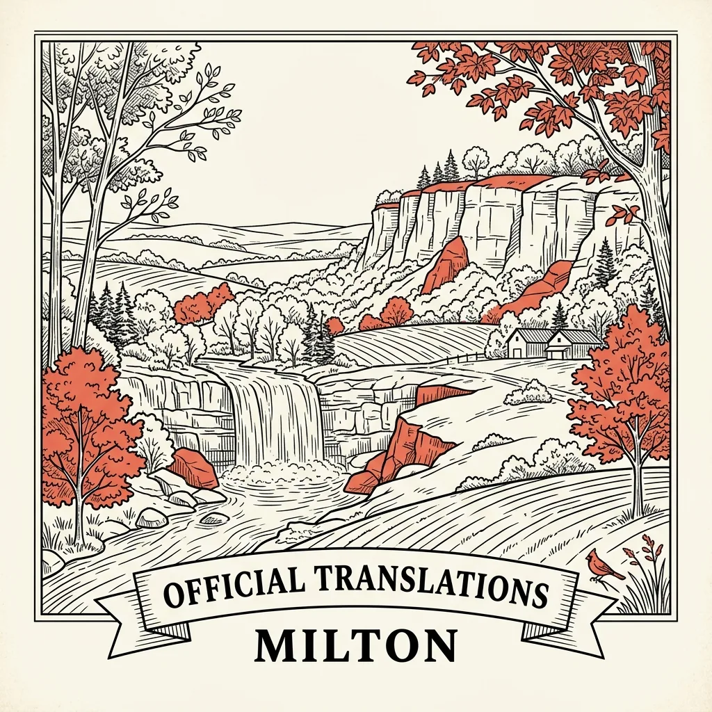 Engraved Milton city illustration &ndash; Official Translations certified translation, accepted by IRCC, from $39.95 per page