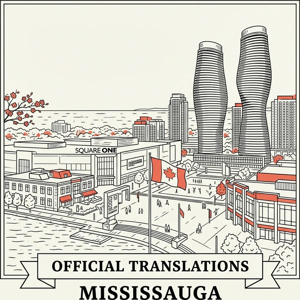 Engraved Mississauga city illustration &ndash; Official Translations certified translation, accepted by IRCC, from $39.95 per page