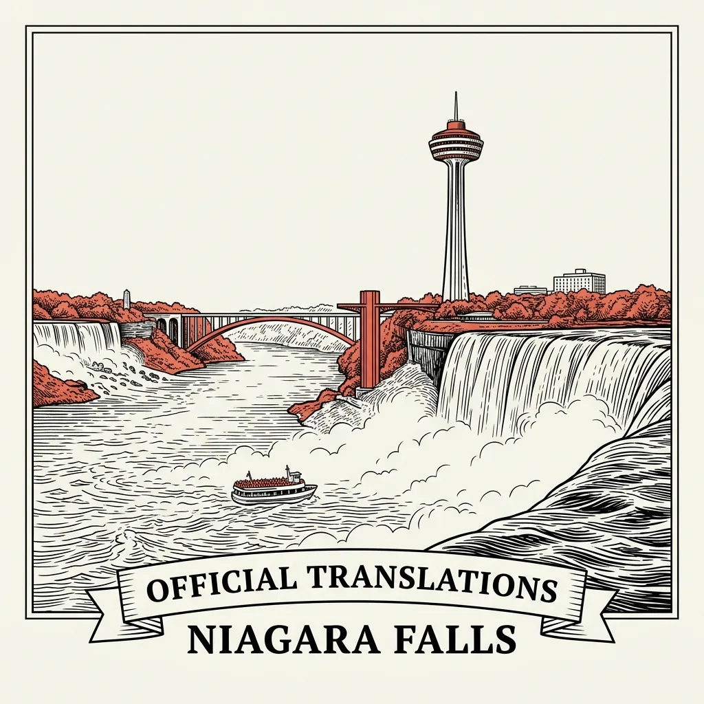 Engraved Niagara Falls city illustration &ndash; Official Translations certified translation, accepted by IRCC, from $39.95 per page