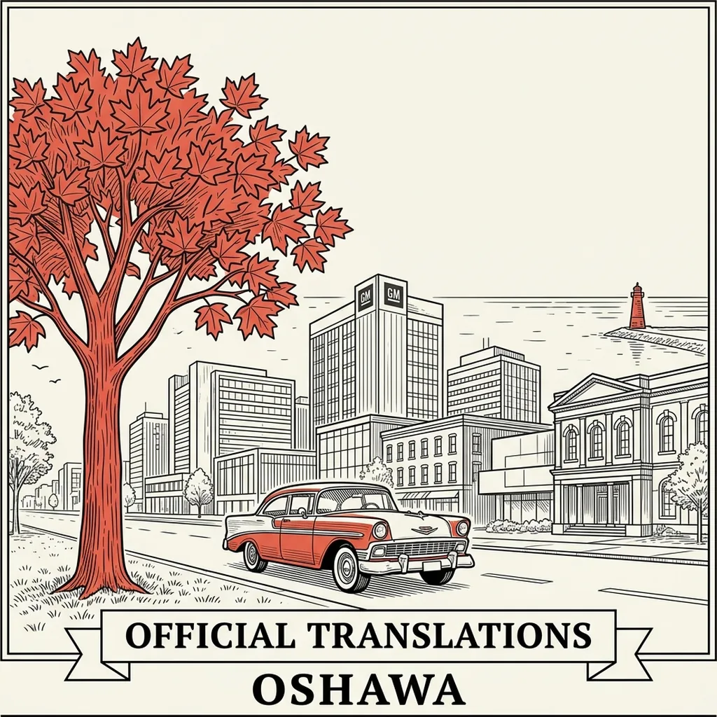 Engraved Oshawa city illustration &ndash; Official Translations certified translation, accepted by IRCC, from $39.95 per page