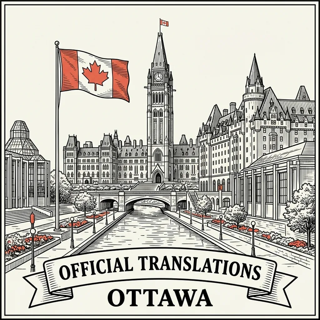 Engraved Ottawa city illustration &ndash; Official Translations certified translation, accepted by IRCC, from $39.95 per page