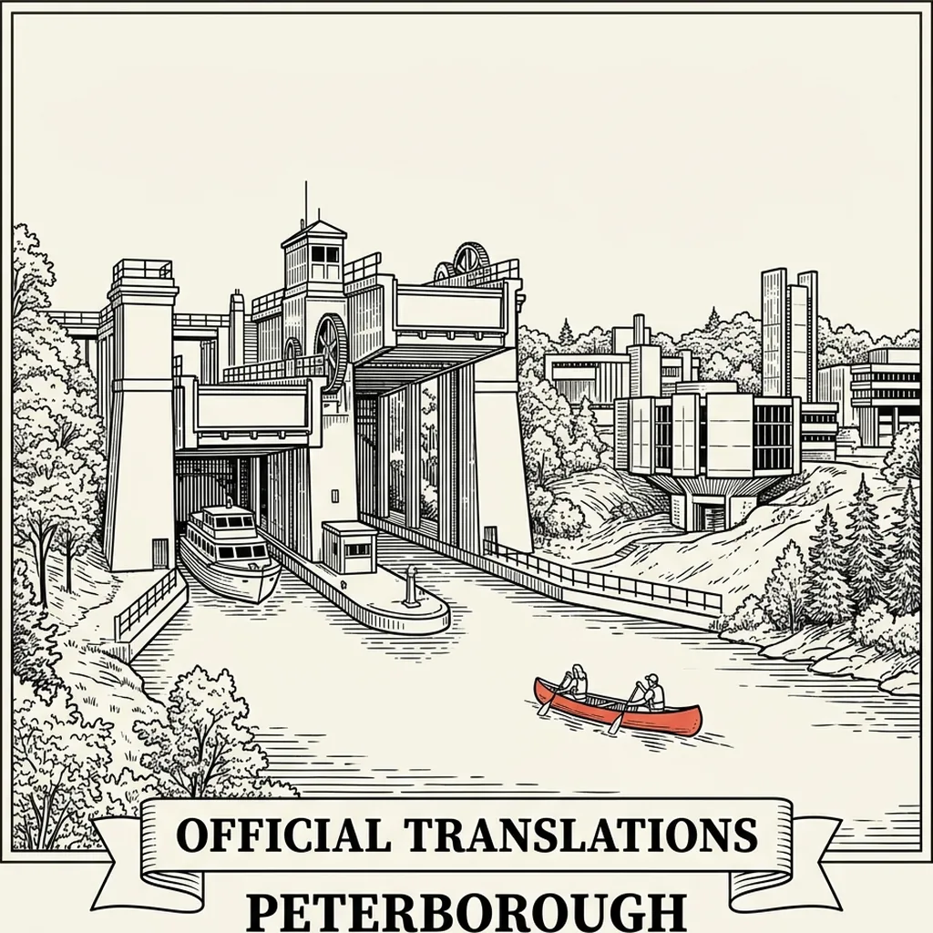 Engraved Peterborough city illustration &ndash; Official Translations certified translation, accepted by IRCC, from $39.95 per page