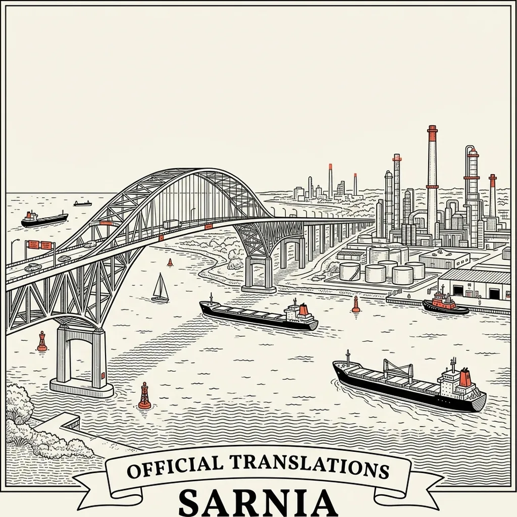Engraved Sarnia city illustration &ndash; Official Translations certified translation, accepted by IRCC, from $39.95 per page