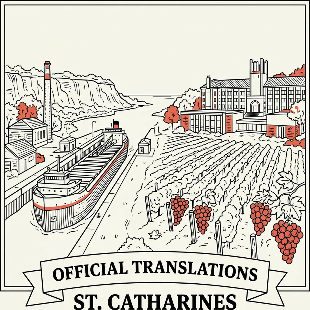 Engraved St. Catharines city illustration &ndash; Official Translations certified translation, accepted by IRCC, from $39.95 per page