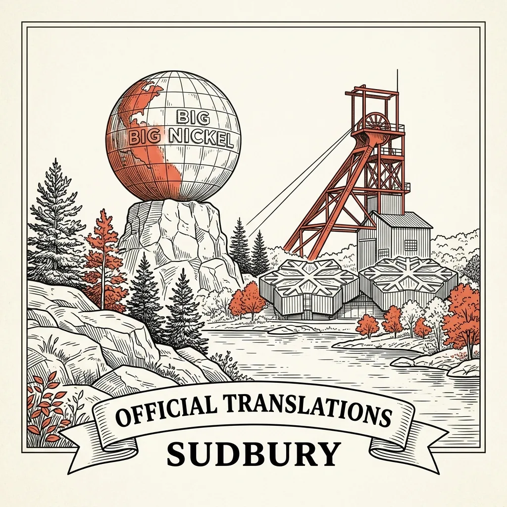 Engraved Sudbury city illustration &ndash; Official Translations certified translation, accepted by IRCC, from $39.95 per page