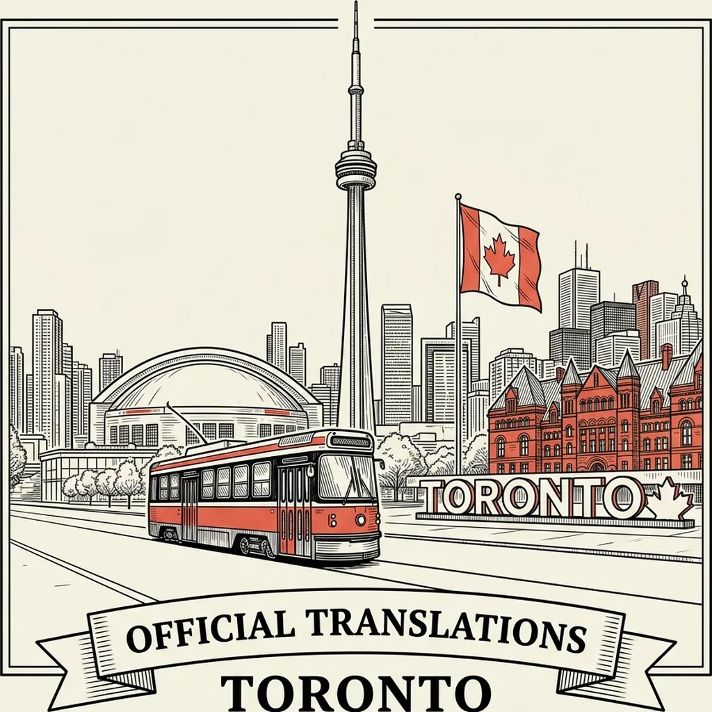 Engraved Toronto city illustration &ndash; Official Translations certified translation, accepted by IRCC, from $39.95 per page