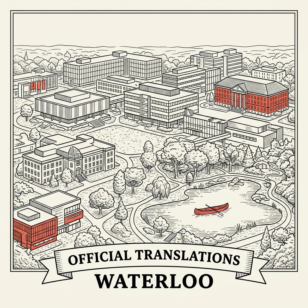 Engraved Waterloo city illustration &ndash; Official Translations certified translation, accepted by IRCC, from $39.95 per page
