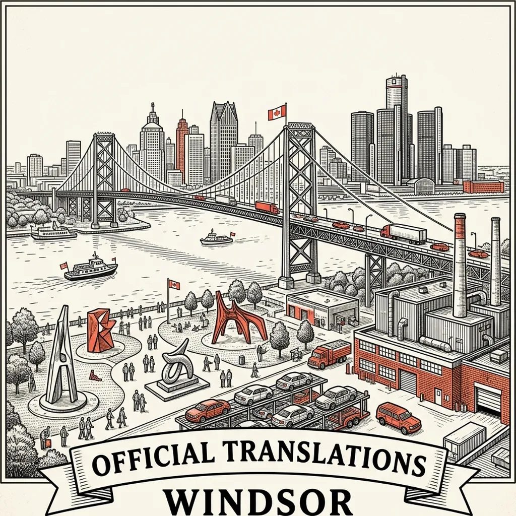Engraved Windsor city illustration &ndash; Official Translations certified translation, accepted by IRCC, from $39.95 per page