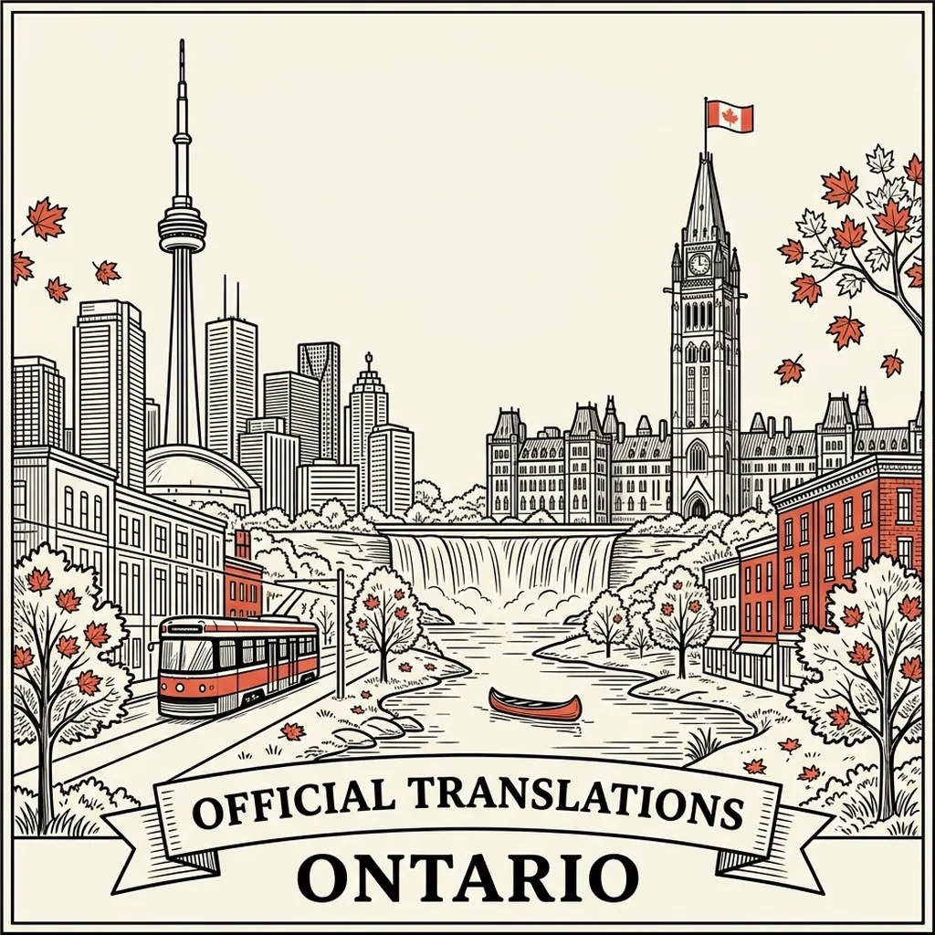 Engraved Ontario city illustration &ndash; Official Translations certified translation, accepted by IRCC, from $39.95 per page