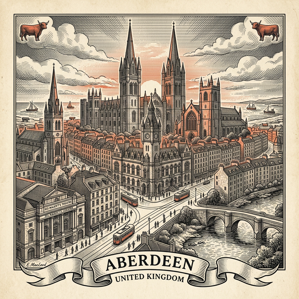 Engraved Aberdeen Scotland city illustration – Marischal College granite facade, Aberdeen Harbour cranes, King's College Chapel crown spire, Union Street terrace, North Sea oil platforms – Official Translations certified translation services from £29.95 per page