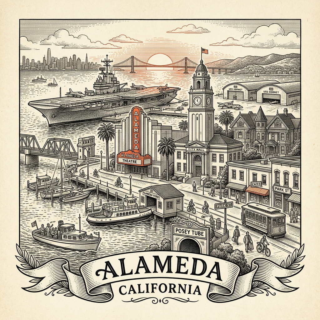 Engraved Alameda CA city illustration – Official Translations certified translation services from $29.95 per page