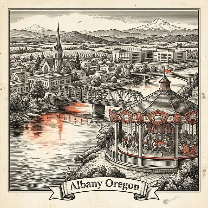 Engraved Albany OR city illustration – Official Translations certified translation services from $29.95 per page