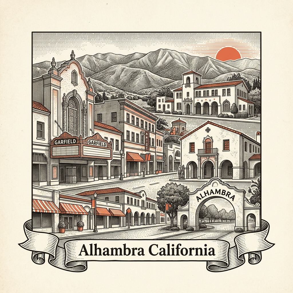 Engraved Alhambra CA city illustration – Official Translations certified translation services from $29.95 per page
