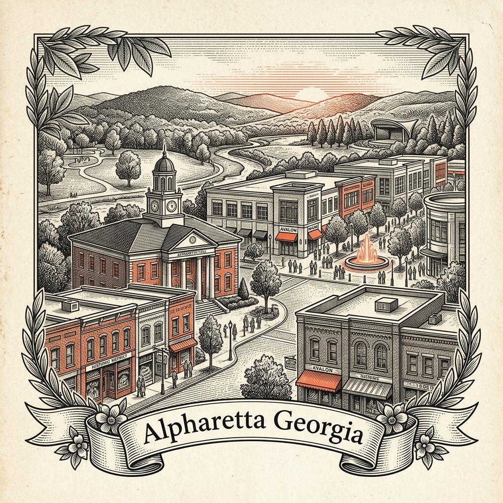 Engraved Alpharetta GA city illustration – Official Translations certified translation services from $29.95 per page