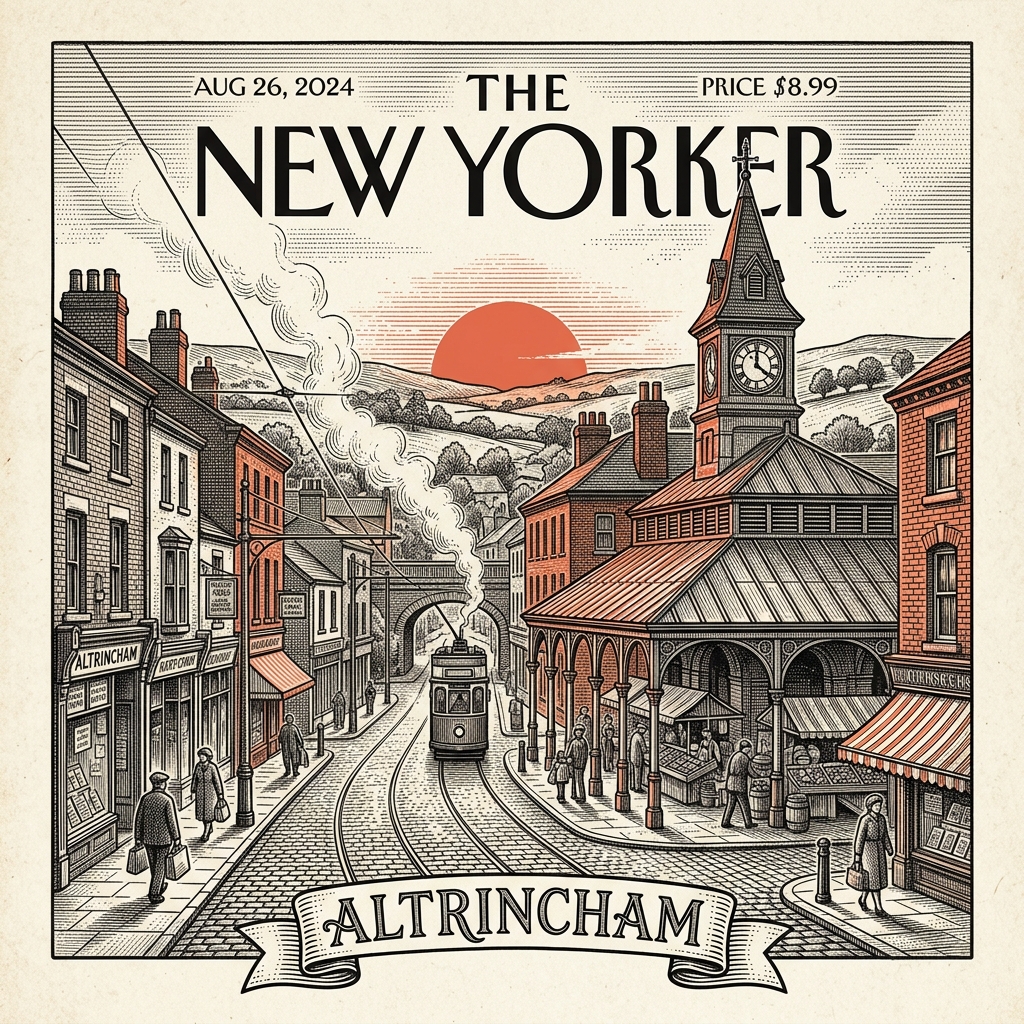 Engraved Altrincham England city illustration – Altrincham Market House, Dunham Massey Hall and Deer Park, St George's Church, Stamford Park, Altrincham Town Hall – Official Translations certified translation services from £29.95 per page