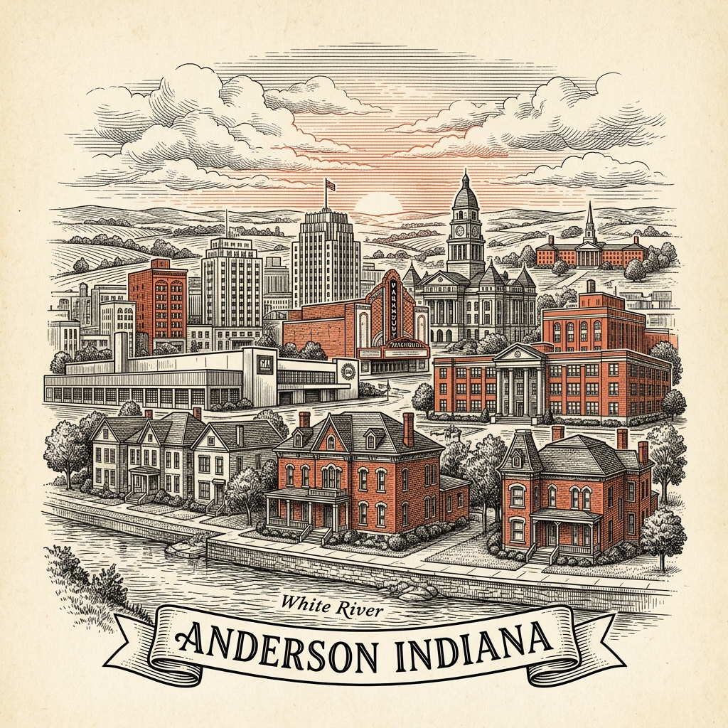 Engraved Anderson IN city illustration – Official Translations certified translation services from $29.95 per page