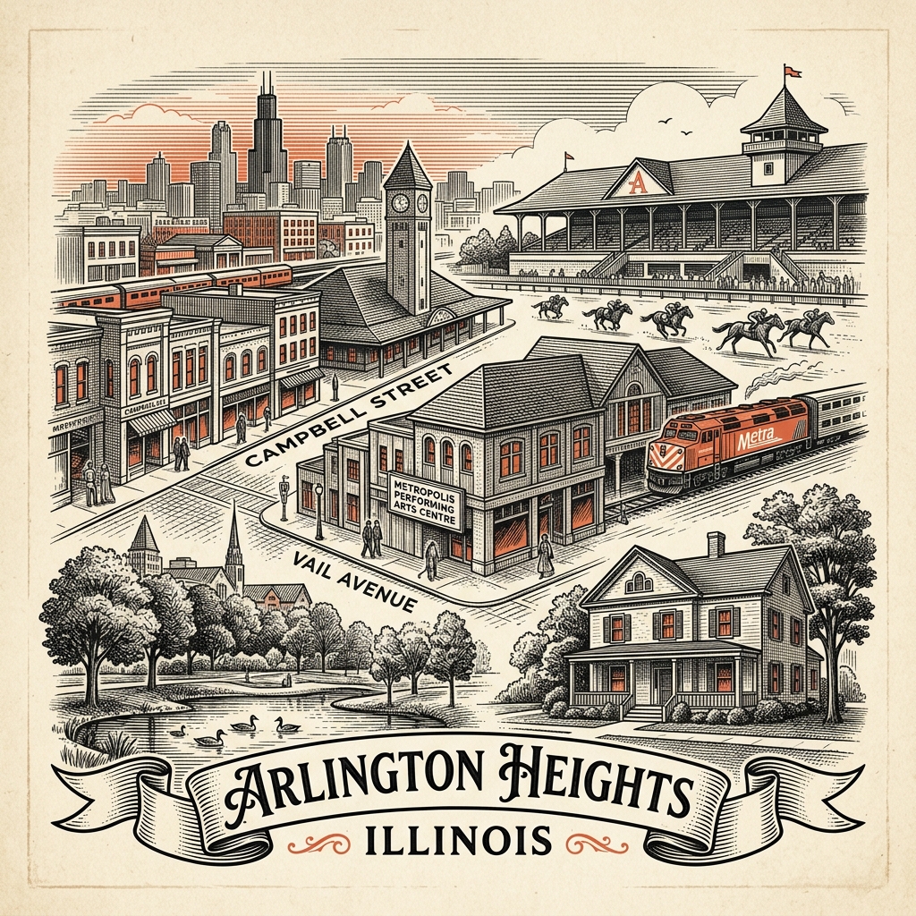 Engraved Arlington Heights IL city illustration – Official Translations certified translation services from $29.95 per page
