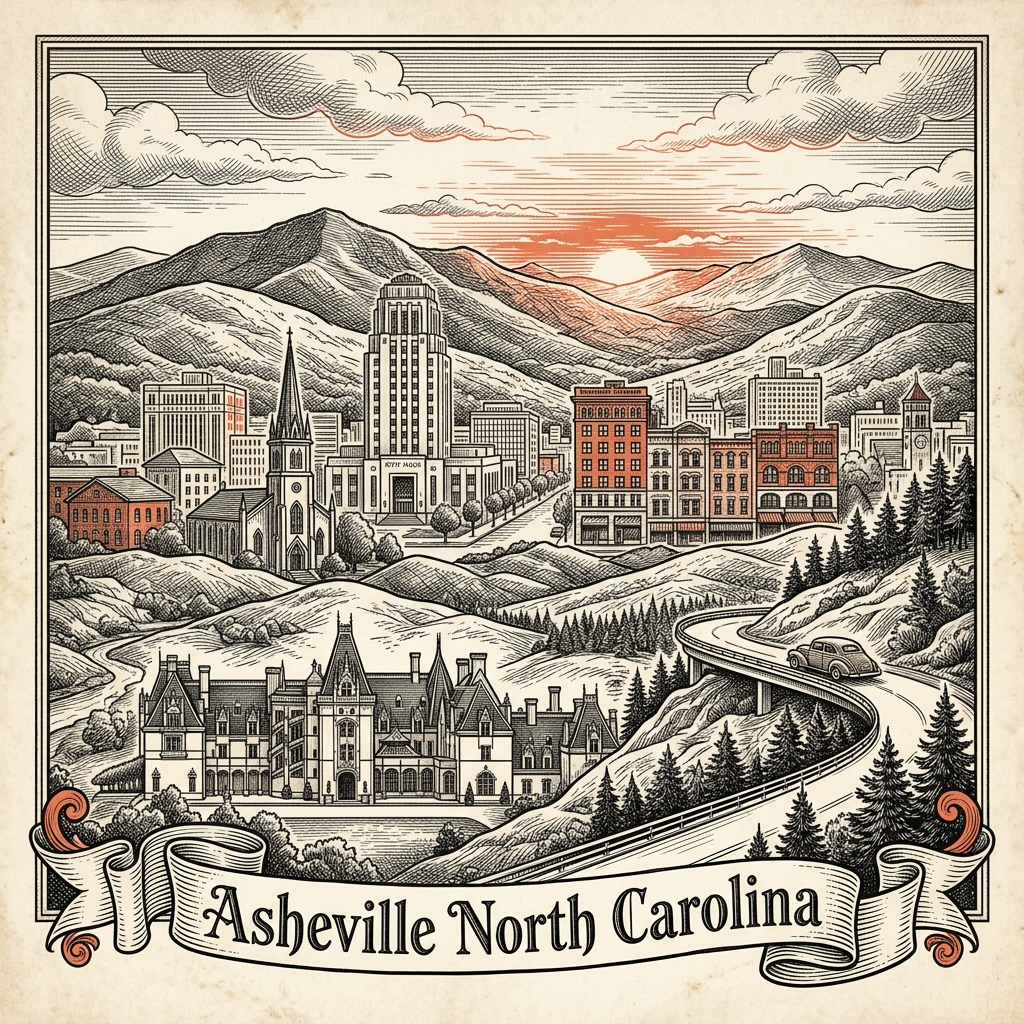 Engraved Asheville NC city illustration – Official Translations certified translation services from $29.95 per page