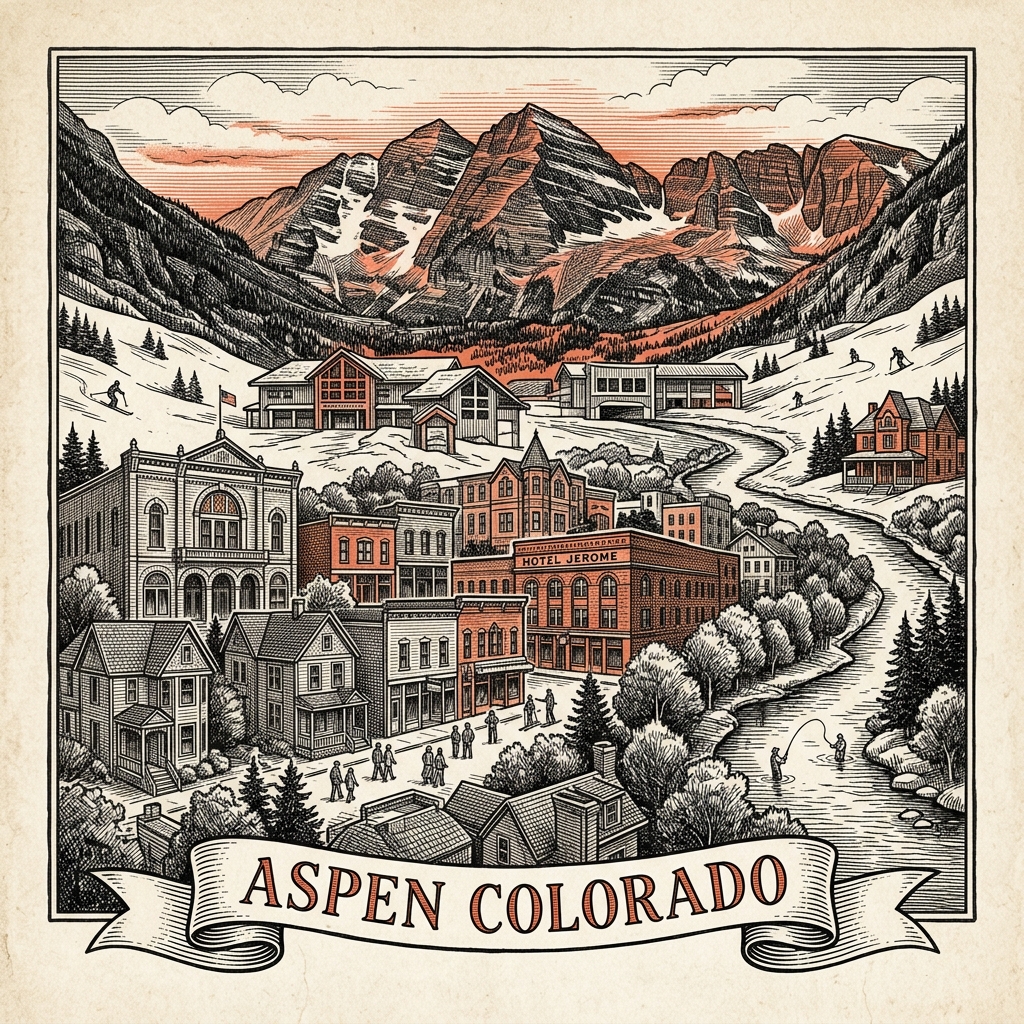 Engraved Aspen CO city illustration – Official Translations certified translation services from $29.95 per page
