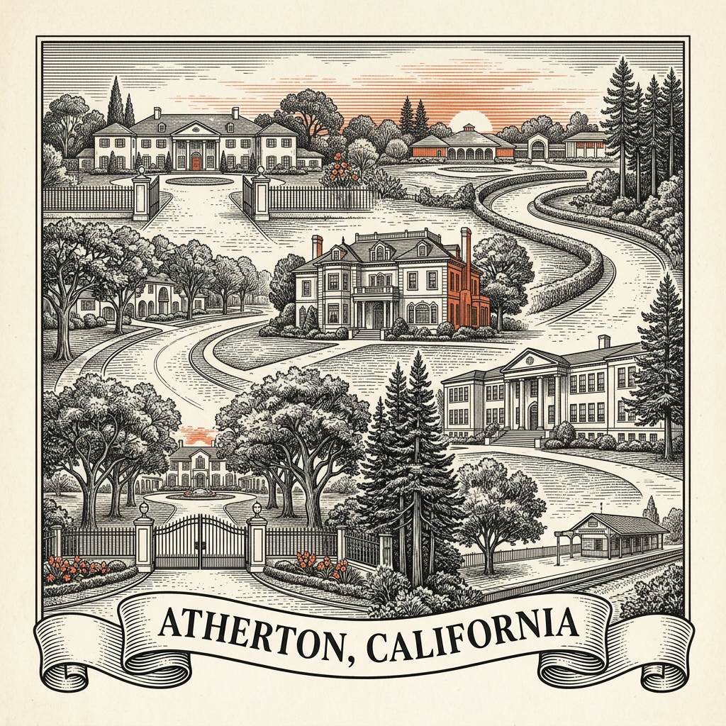 Engraved Atherton CA city illustration – Official Translations certified translation services from $29.95 per page