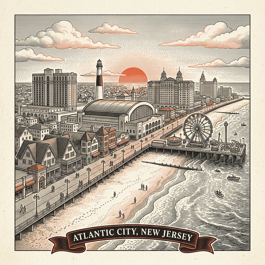 Engraved Atlantic City NJ city illustration – Official Translations certified translation services from $29.95 per page