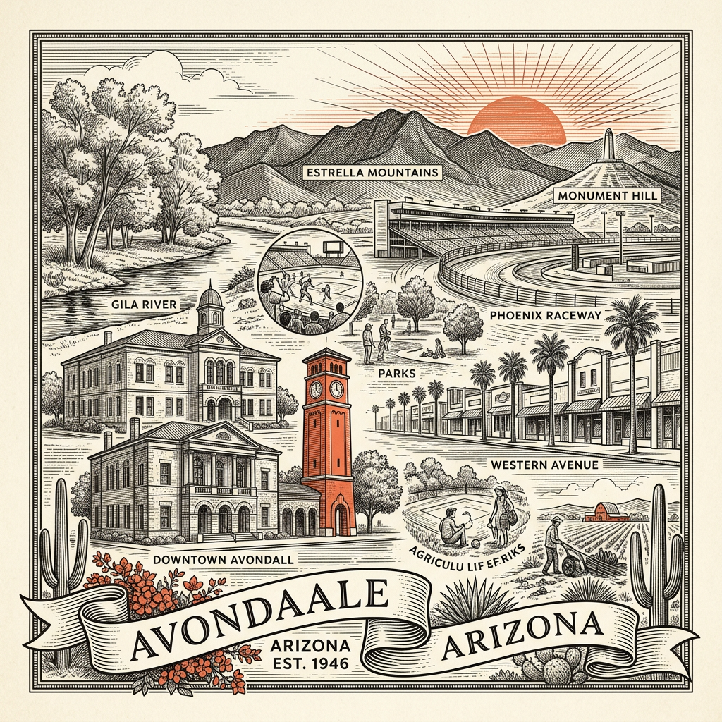 Engraved Avondale AZ city illustration – Official Translations certified translation services from $29.95 per page
