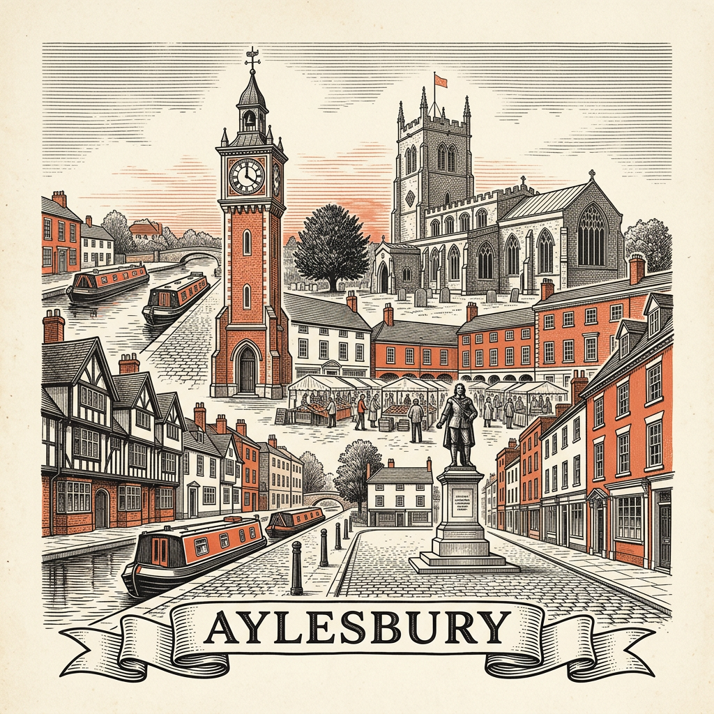 Engraved Aylesbury England city illustration – St Mary's Church spire, Market Square clock tower, Roald Dahl Children's Gallery at Bucks County Museum, Waterside Theatre, King's Head coaching inn – Official Translations certified translation services from £29.95 per page