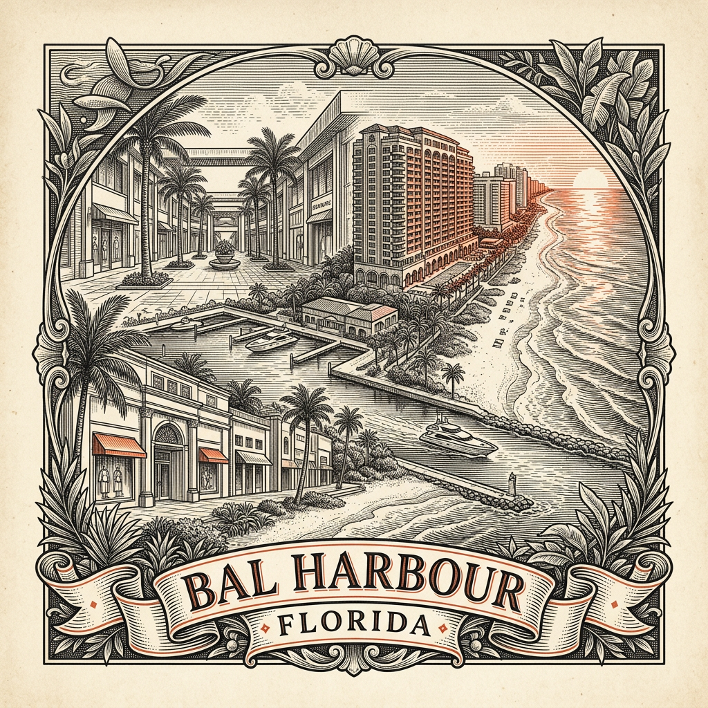 Engraved Bal Harbour FL city illustration – Official Translations certified translation services from $29.95 per page
