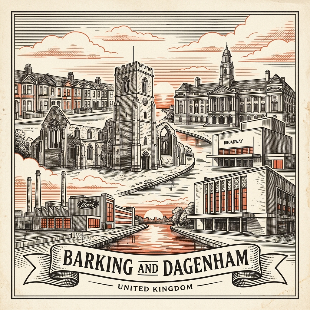 Engraved Barking and Dagenham England city illustration – Barking Abbey ruins, Eastbury Manor House, Dagenham Civic Centre, Ford Dagenham plant chimneys, Barking Town Hall – Official Translations certified translation services from £29.95 per page