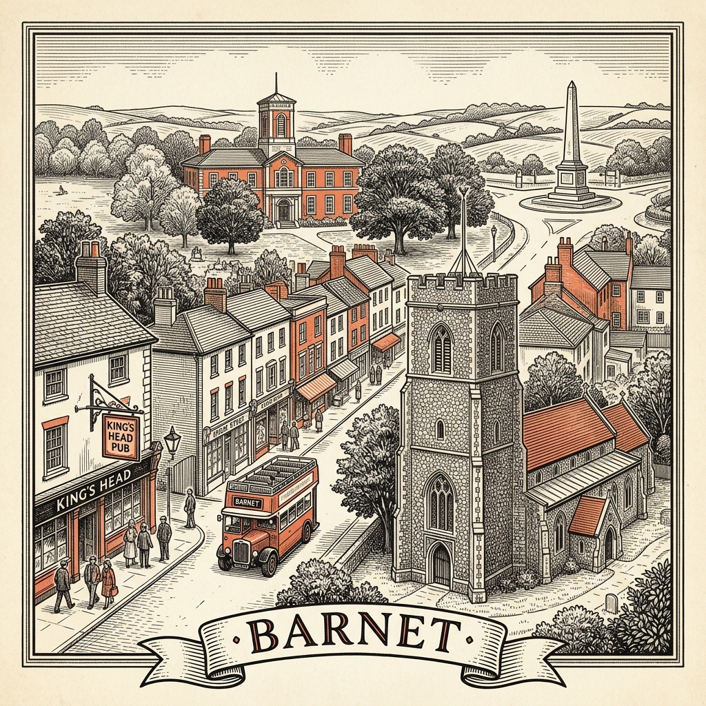 Engraved Barnet England city illustration – Hendon RAF Museum hangars, Middlesex University Hendon campus, Brent Cross shopping centre, Barnet Church spire, Totteridge village green – Official Translations certified translation services from £29.95 per page