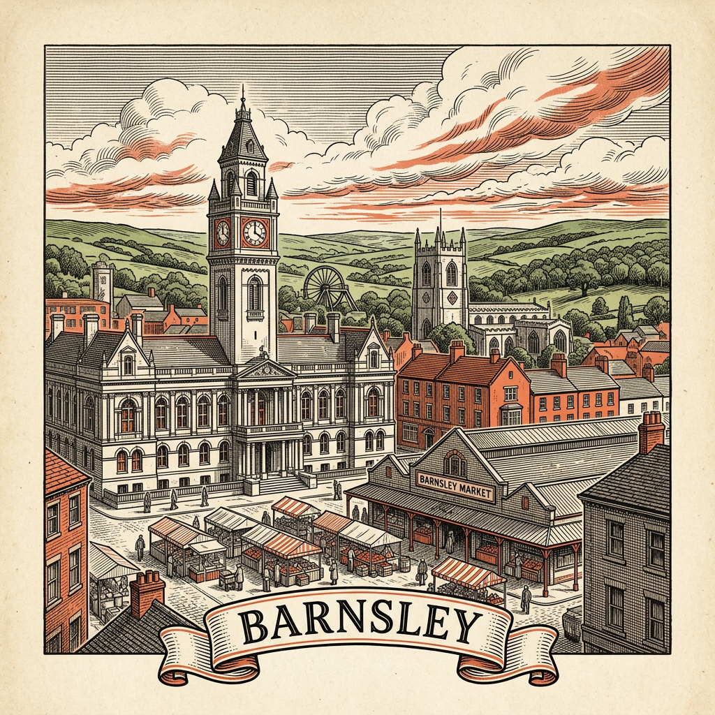 Engraved Barnsley England city illustration – Barnsley Town Hall white tower, Oakwell Stadium, Cooper Gallery, Elsecar Heritage Centre chimney, Wentworth Castle gardens – Official Translations certified translation services from £29.95 per page