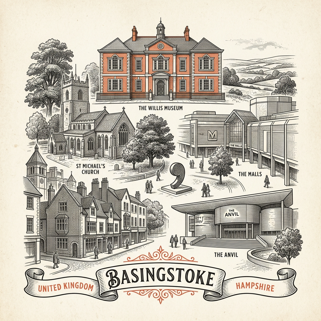 Engraved Basingstoke England city illustration – The Anvil concert hall, Festival Place shopping centre, Basing House ruins, Wote Street Willy sculpture, Hampshire Clinic – Official Translations certified translation services from £29.95 per page