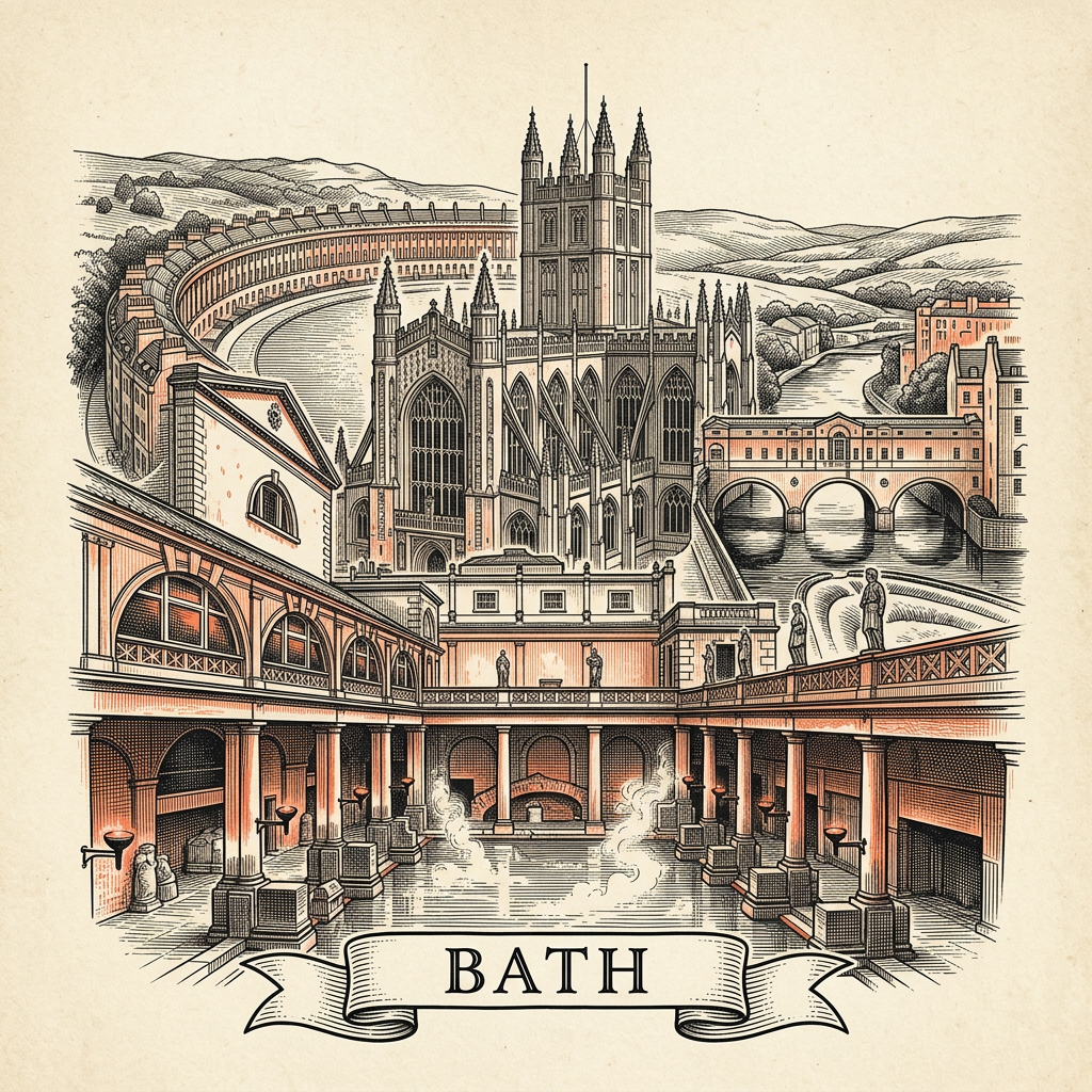 Engraved Bath England city illustration – Roman Baths and Pump Room, Bath Abbey, Royal Crescent Georgian terrace, Pulteney Bridge, Bath Cathedral – Official Translations certified translation services from £29.95 per page