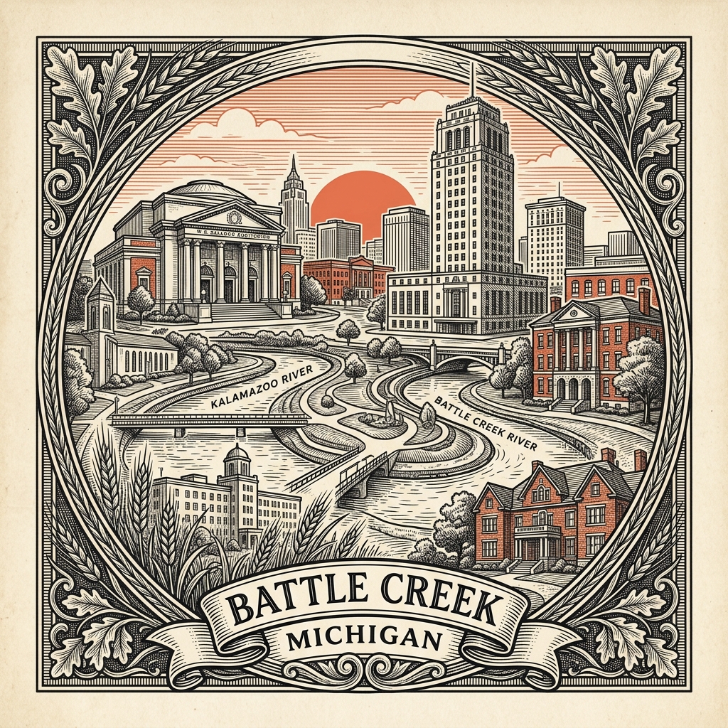 Engraved Battle Creek MI city illustration – Official Translations certified translation services from $29.95 per page