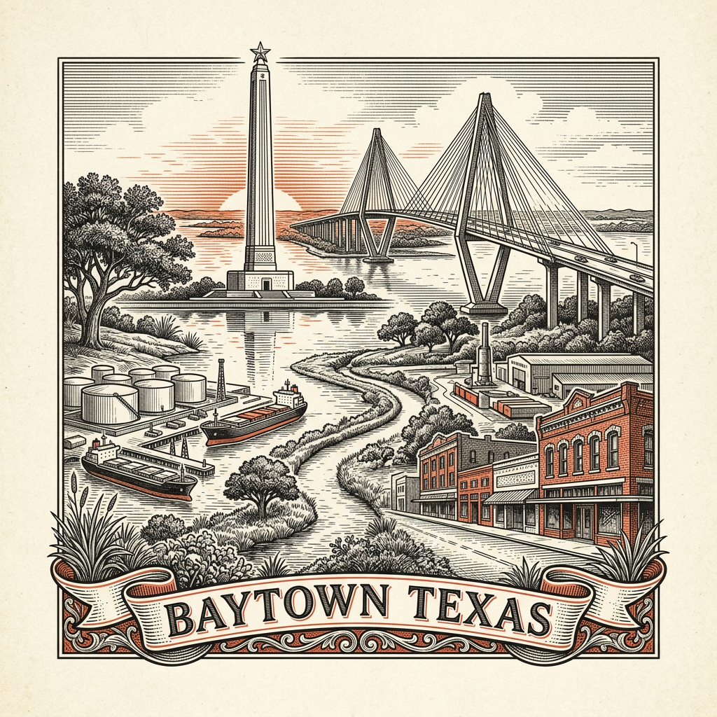 Engraved Baytown TX city illustration – Official Translations certified translation services from $29.95 per page
