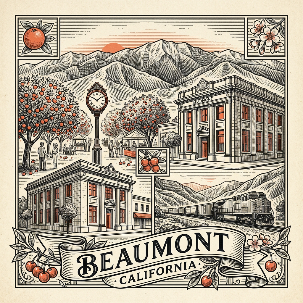 Engraved Beaumont CA city illustration – Official Translations certified translation services from $29.95 per page