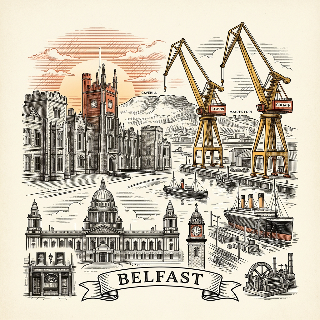Engraved Belfast Northern Ireland city illustration – Belfast City Hall dome, Harland and Wolff Samson and Goliath cranes, Titanic Belfast museum, Queen's University Lanyon Building, Albert Memorial Clock – Official Translations certified translation services from £29.95 per page