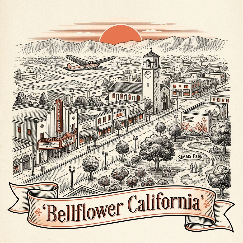 Engraved Bellflower CA city illustration – Official Translations certified translation services from $29.95 per page