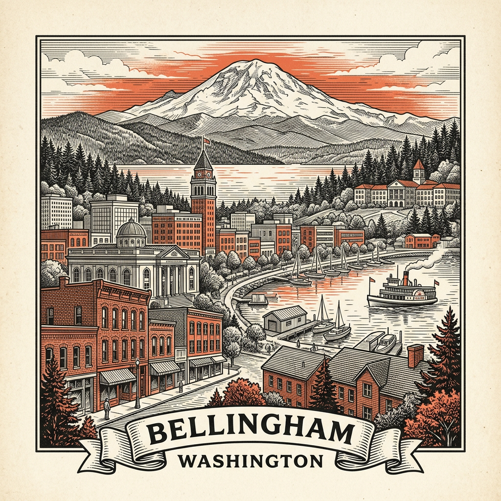 Engraved Bellingham WA city illustration – Official Translations certified translation services from $29.95 per page