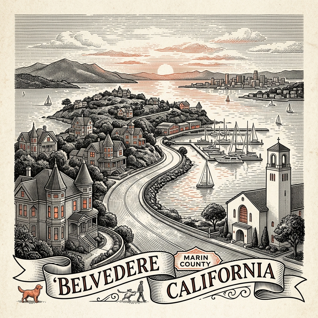 Engraved Belvedere CA city illustration – Official Translations certified translation services from $29.95 per page