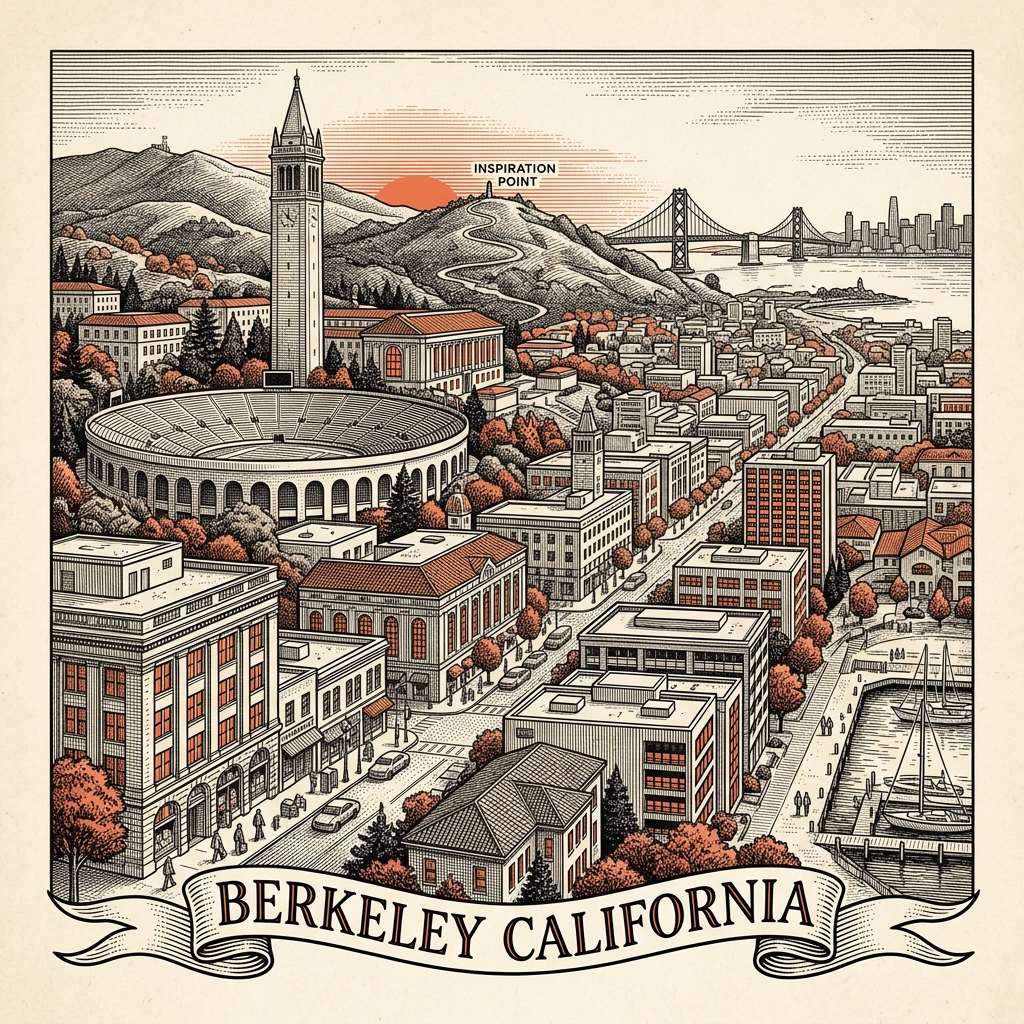 Engraved Berkeley CA city illustration – Official Translations certified translation services from $29.95 per page